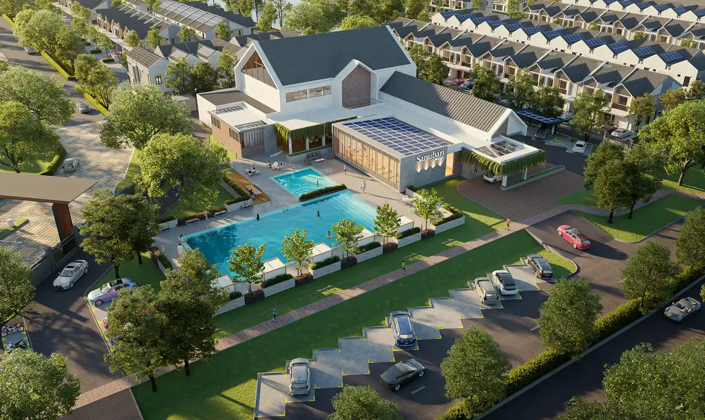 Sanubari Clubhouse aerial render with swimming pool and solar rooftop