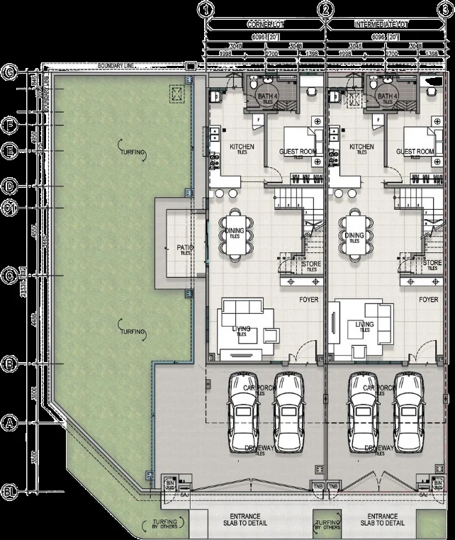 Sanubari 4A ground floor plan: living, dining, kitchen, guest room, patio and 2-car porch
