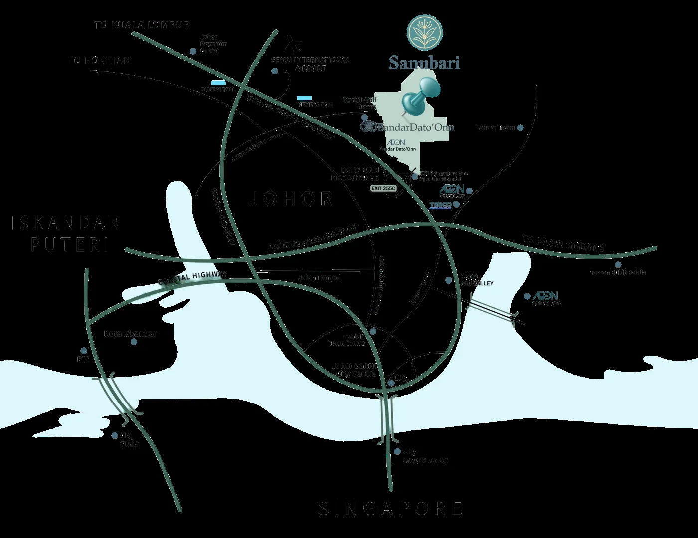 Illustrated location map showing Sanubari within Bandar Dato' Onn, Johor Bahru, and its highways to Johor Bahru, Singapore and Kuala Lumpur